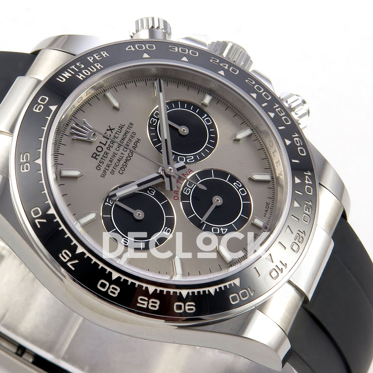 Rolex Daytona 126519 WF JH4131 grey black dial white-gold-style replica - opposite angled grey dial and black ceramic tachymeter bezel