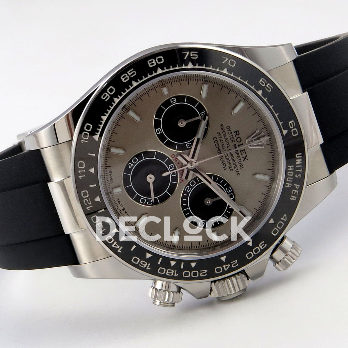 Rolex Daytona 126519 WF JH4131 grey black dial white-gold-style replica - horizontal front view with black Oysterflex rubber strap