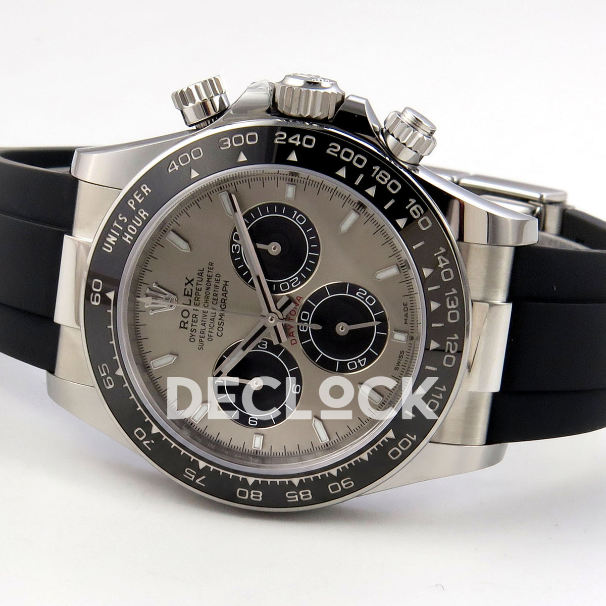 Rolex Daytona 126519 WF JH4131 grey black dial white-gold-style replica - opposite horizontal front angle with luminous stick hour markers