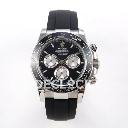 Rolex Daytona 126519 ZF replica - front view of black dial, silver chronograph subdials and black Oysterflex-style strap