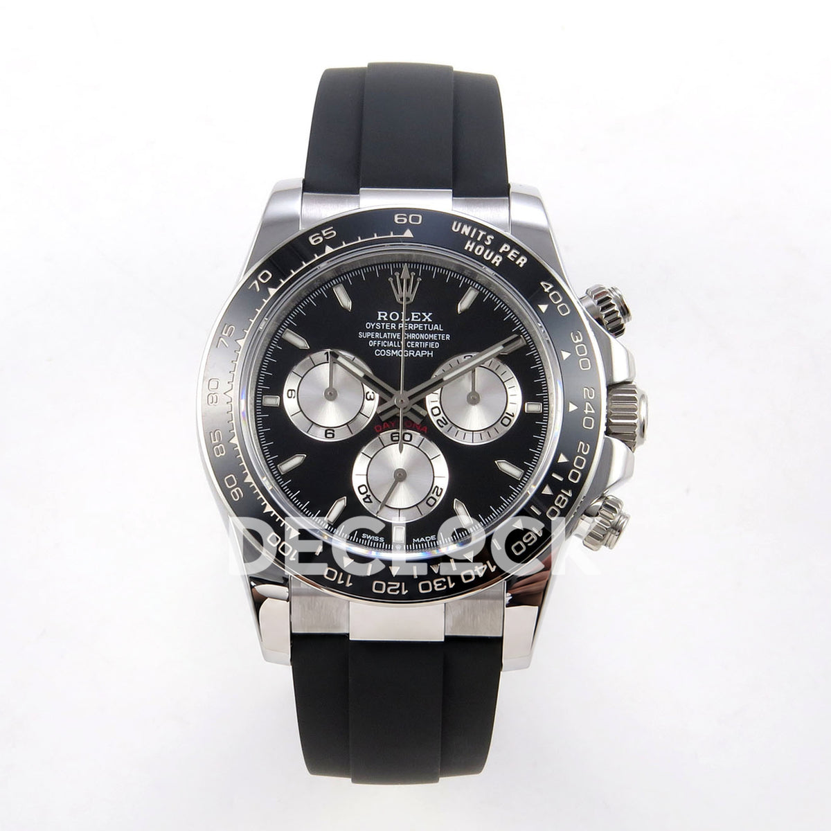 Rolex Daytona 126519 ZF replica - front view of black dial, silver chronograph subdials and black Oysterflex-style strap