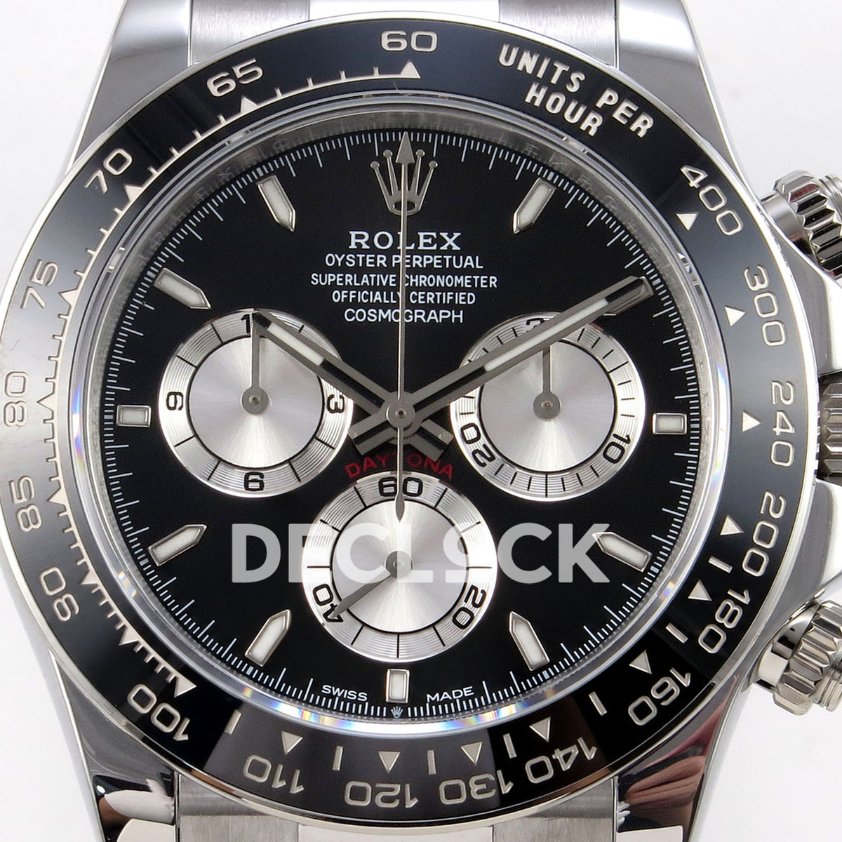Rolex Daytona 126519 ZF replica - black dial, silver counters and ceramic tachymeter bezel close-up