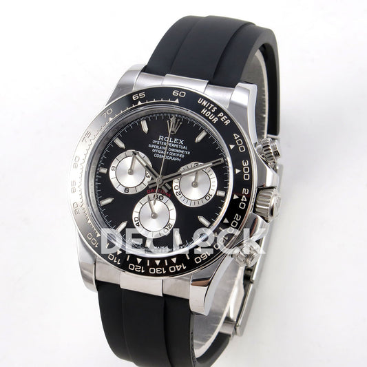Rolex Daytona 126519 ZF replica - angled front view with silver-finish case and black rubber strap