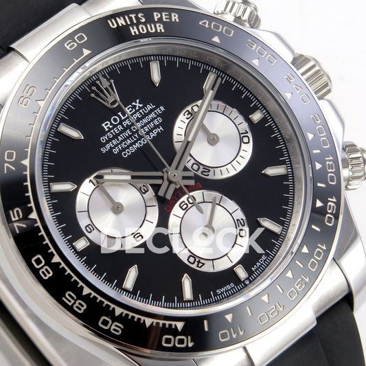 Rolex Daytona 126519 ZF replica - angled black dial and silver chronograph subdials close-up