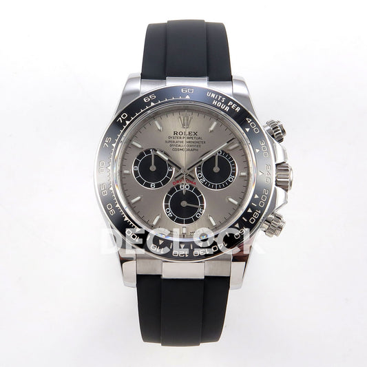 Rolex Daytona 126519 ZF replica - front view of silver sunburst dial, black chronograph subdials and black Oysterflex-style strap