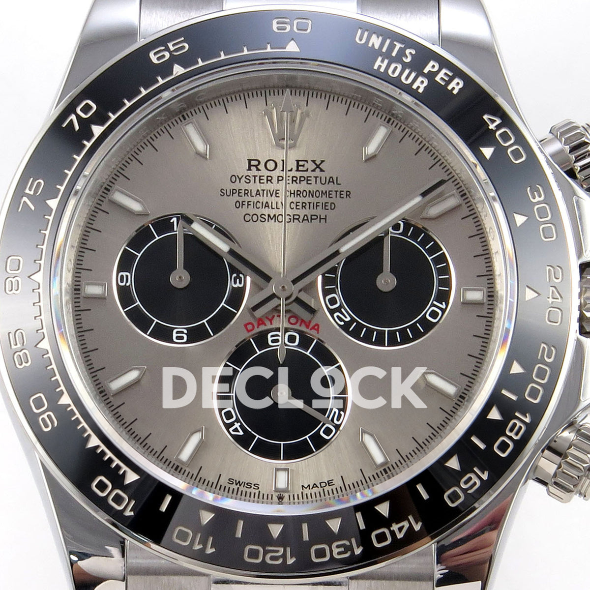 Rolex Daytona 126519 ZF replica - silver sunburst dial, black counters and ceramic tachymeter bezel close-up