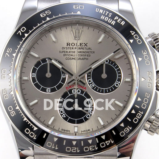 Rolex Daytona 126519 ZF replica - silver sunburst dial, black counters and ceramic tachymeter bezel close-up