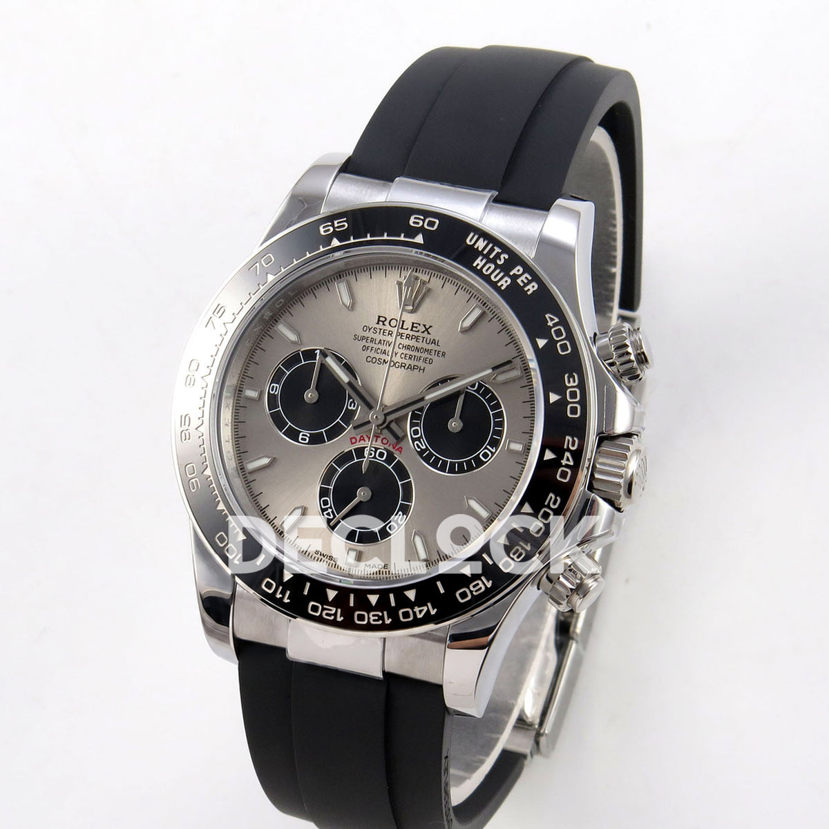 Rolex Daytona 126519 ZF replica - angled front view with silver-finish case and black rubber strap