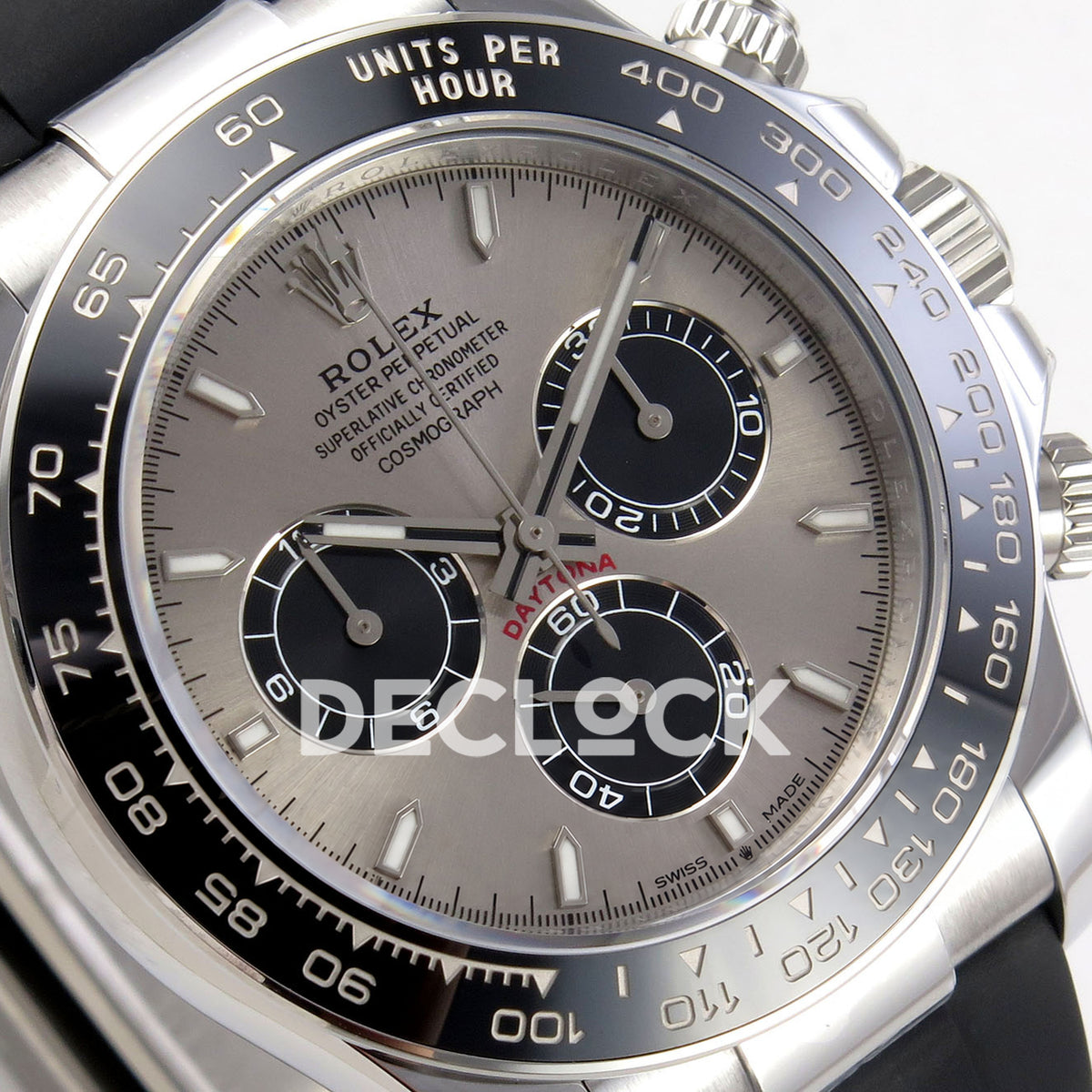 Rolex Daytona 126519 ZF replica - angled silver dial and black chronograph subdials close-up