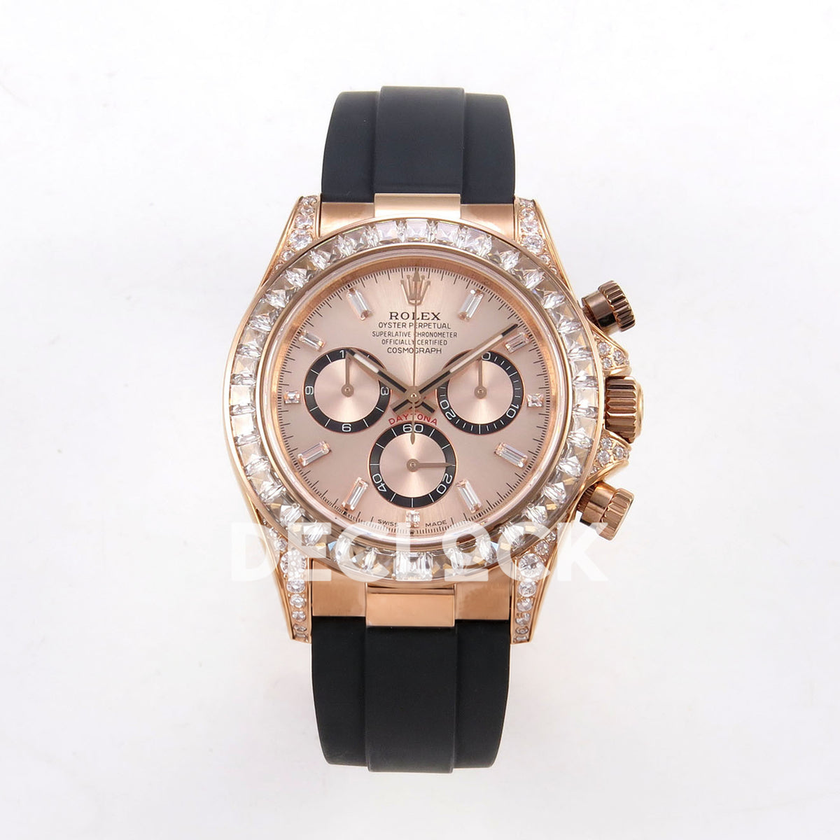 Rolex Daytona 126535TBR QF replica - front view of rose-gold dial, clear baguette bezel and black Oysterflex strap