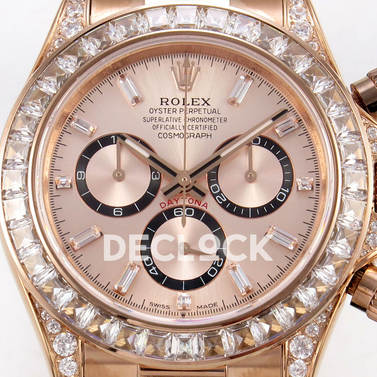 Rolex Daytona 126535TBR QF replica - rose-gold dial with black chronograph rings and clear baguette stone hour markers