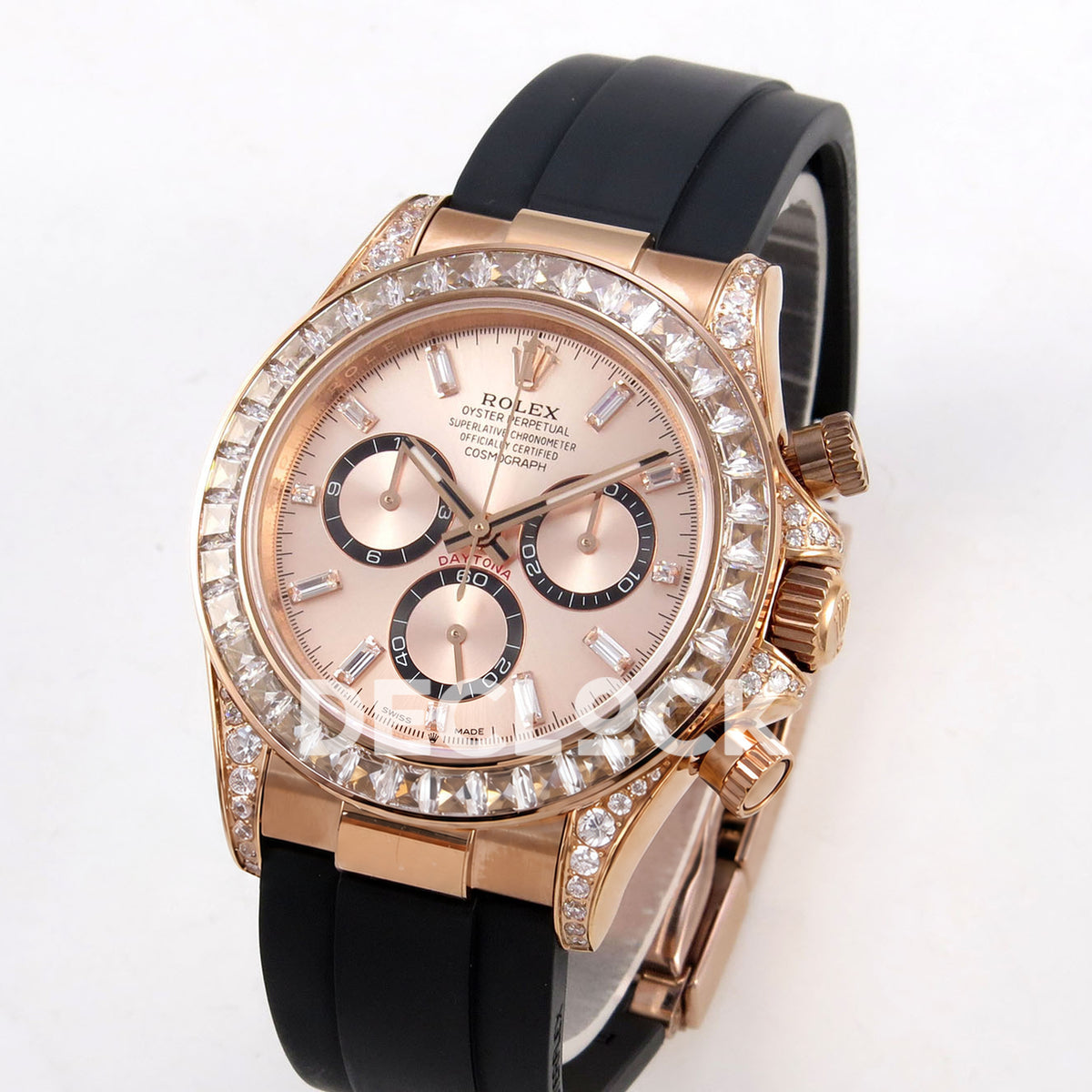 Rolex Daytona 126535TBR QF replica - angled front view of rose-gold-finish case, pavΓ© lugs and black rubber strap
