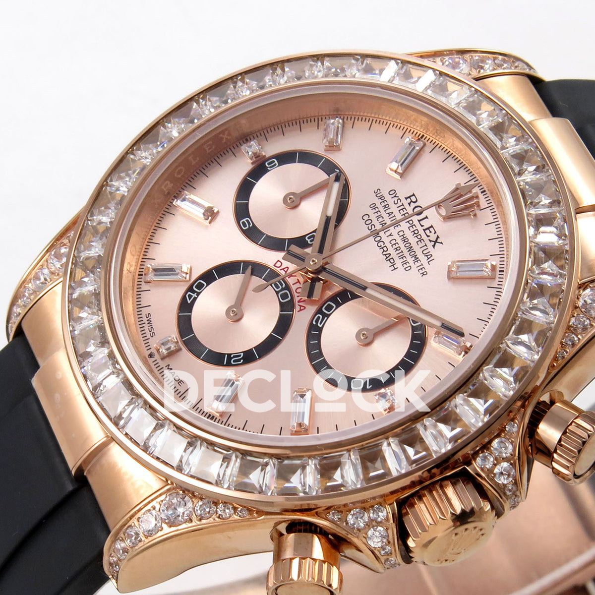 Rolex Daytona 126535TBR QF replica - opposite rose-gold dial close-up with baguette bezel and pavΓ© lugs