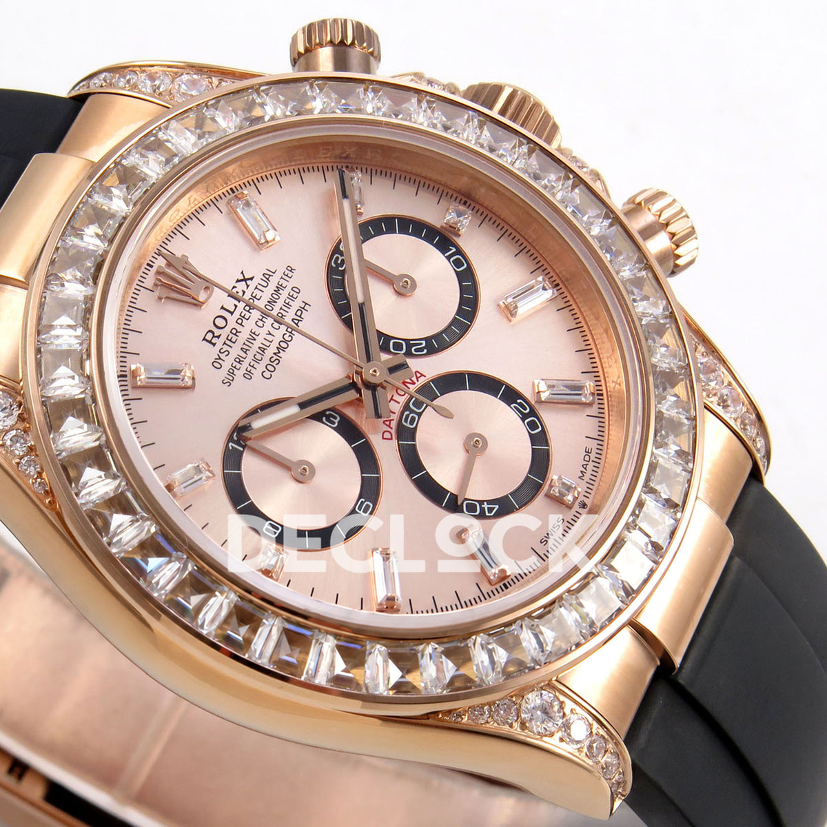 Rolex Daytona 126535TBR QF replica - rose-gold chronograph dial, black counter rings and clear stone markers