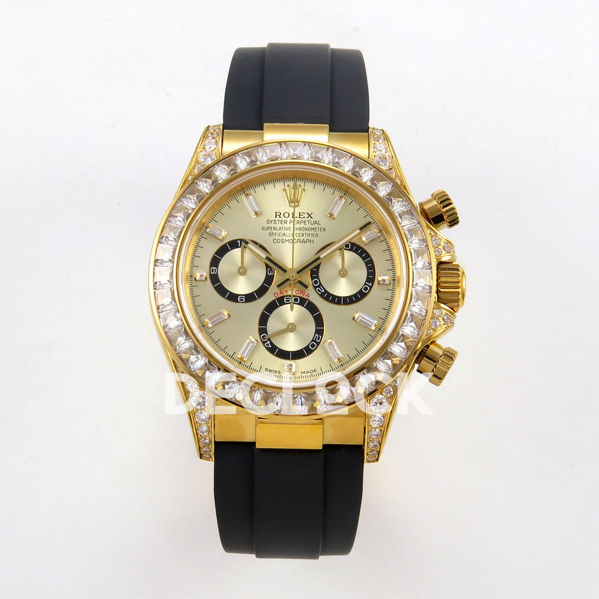 Rolex Daytona 126538TBR QF replica - front view of yellow-gold dial, clear baguette bezel and black Oysterflex strap