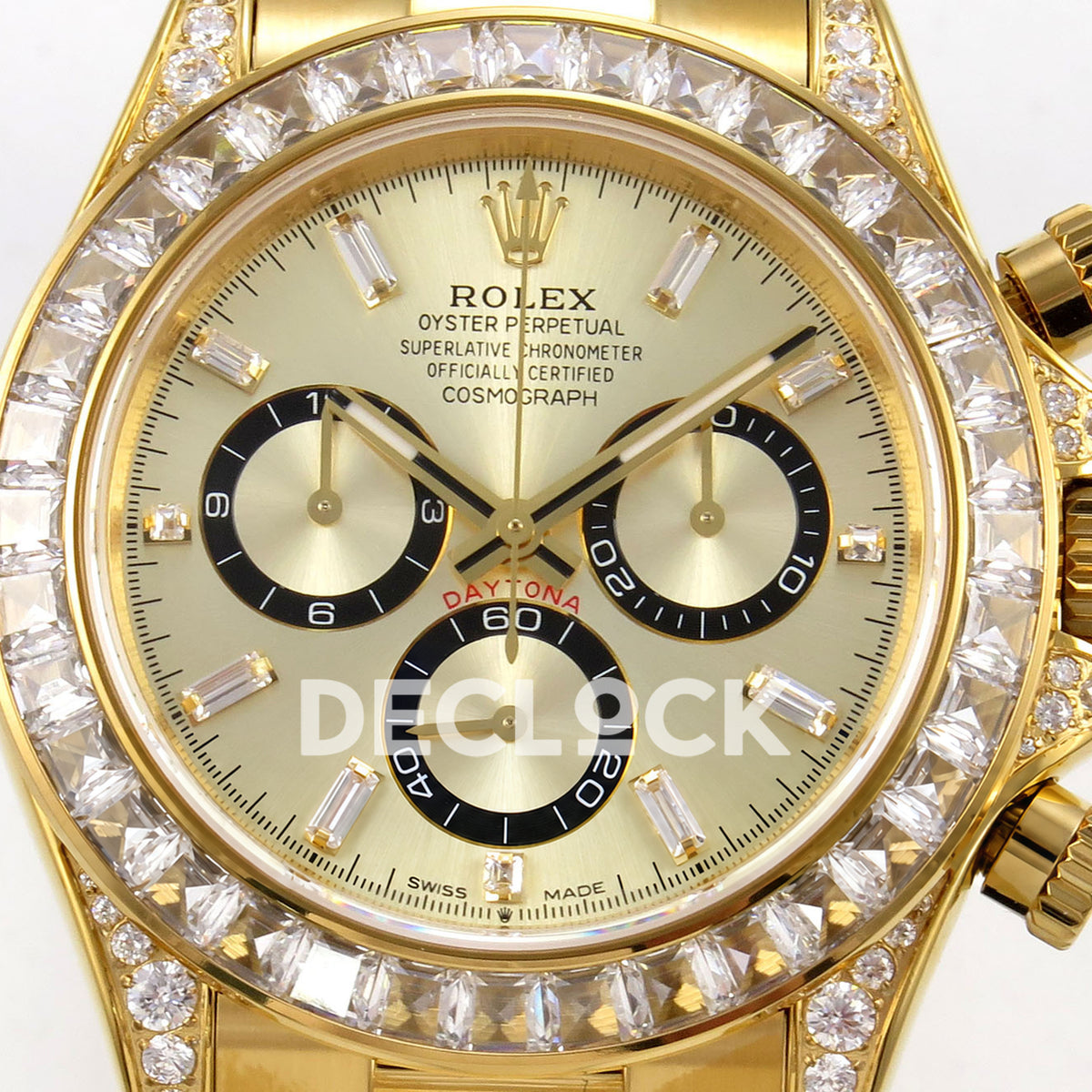 Rolex Daytona 126538TBR QF replica - yellow-gold dial with black chronograph rings and clear baguette stone hour markers