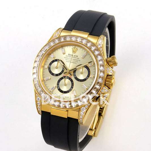 Rolex Daytona 126538TBR QF replica - angled front view of yellow-gold-finish case, pavé lugs and black rubber strap