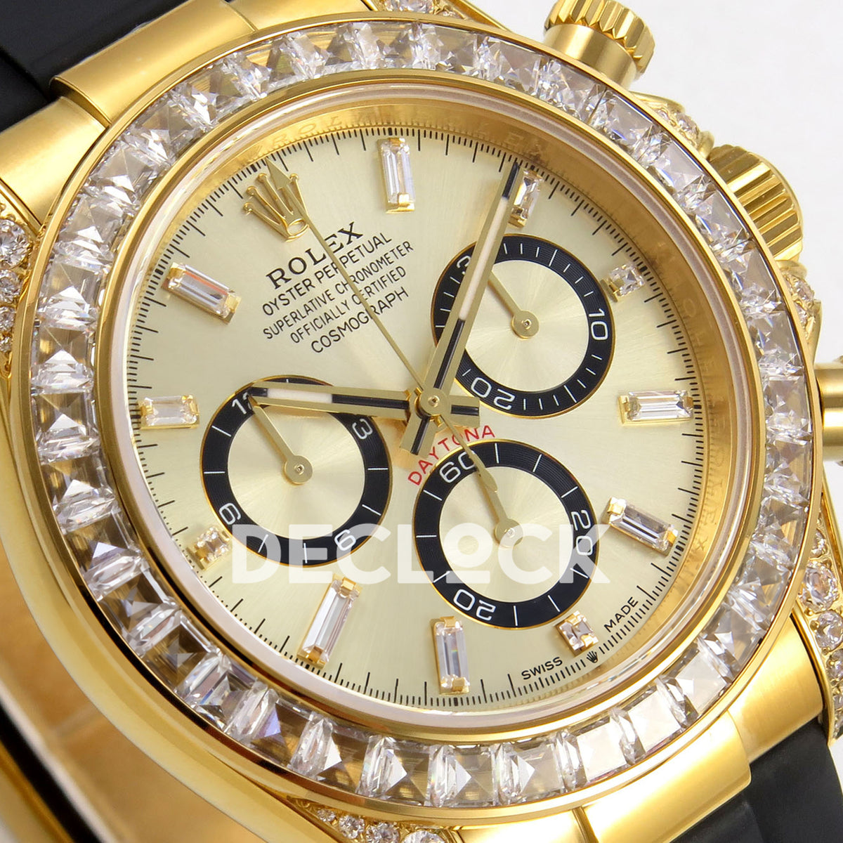 Rolex Daytona 126538TBR QF replica - angled yellow-gold dial and clear baguette hour markers