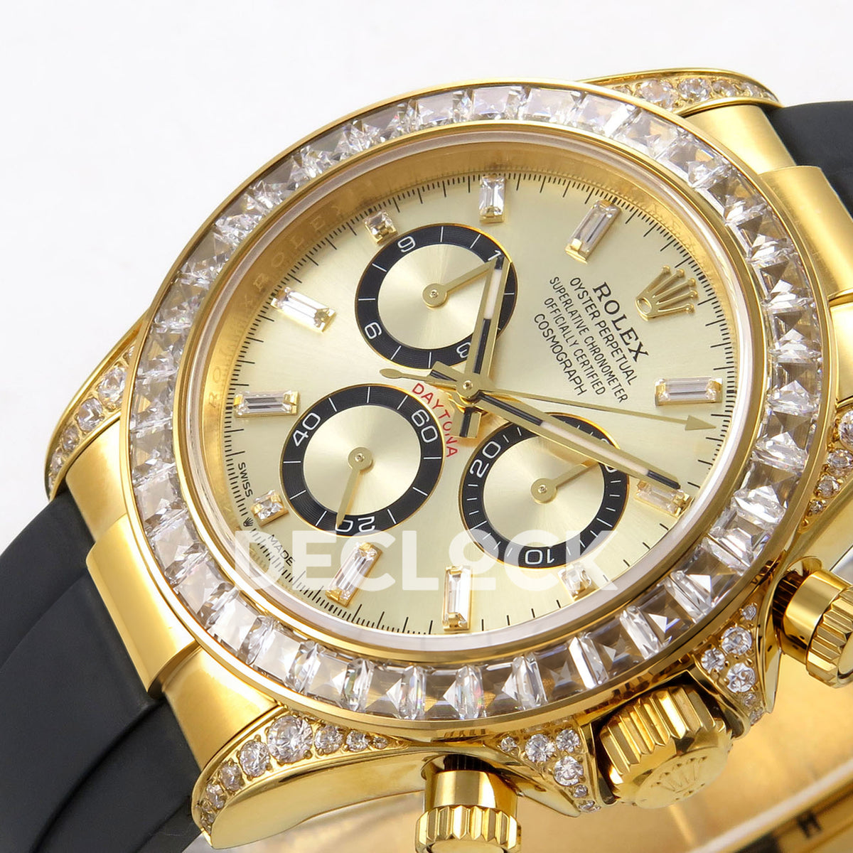Rolex Daytona 126538TBR QF replica - opposite yellow-gold dial close-up with baguette bezel and pavé lugs