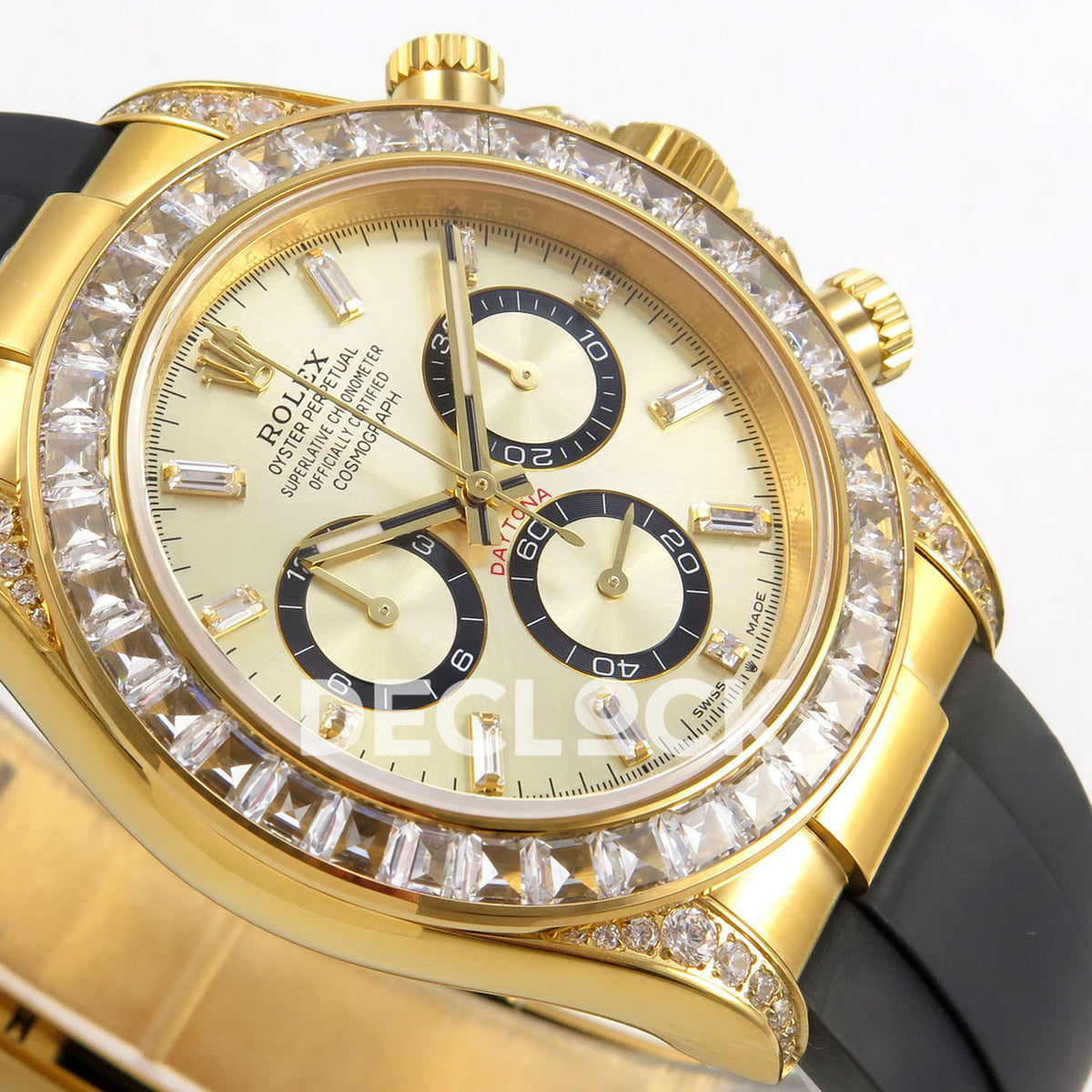 Rolex Daytona 126538TBR QF replica - yellow-gold chronograph dial, black counter rings and clear stone markers