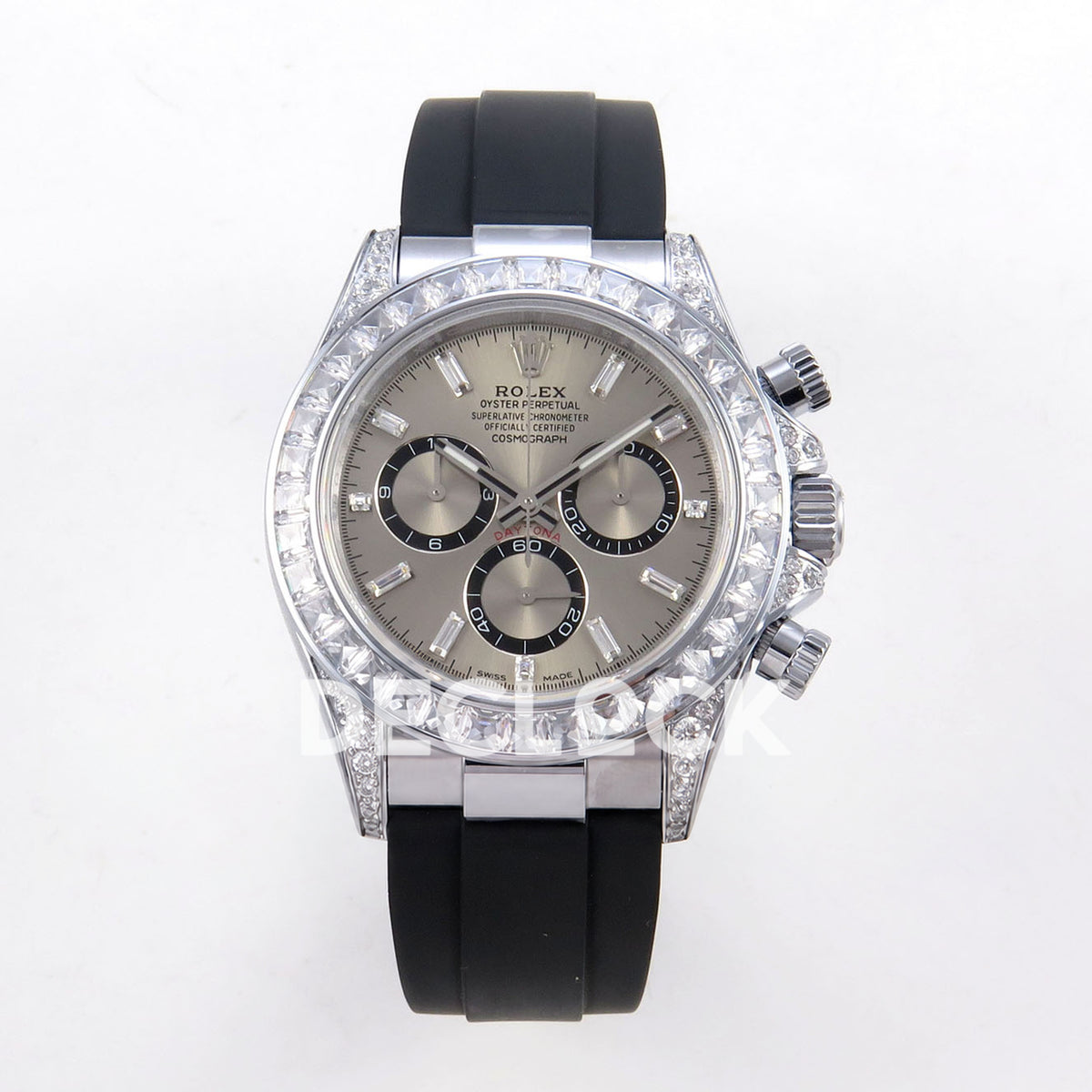 Rolex Daytona 126539TBR QF replica - front view of gray dial, clear baguette bezel and black Oysterflex strap