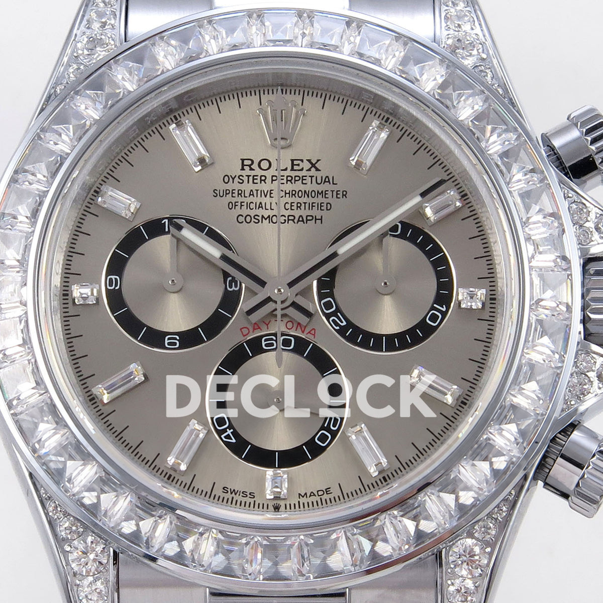 Rolex Daytona 126539TBR QF replica - gray dial with black chronograph rings and clear baguette stone hour markers