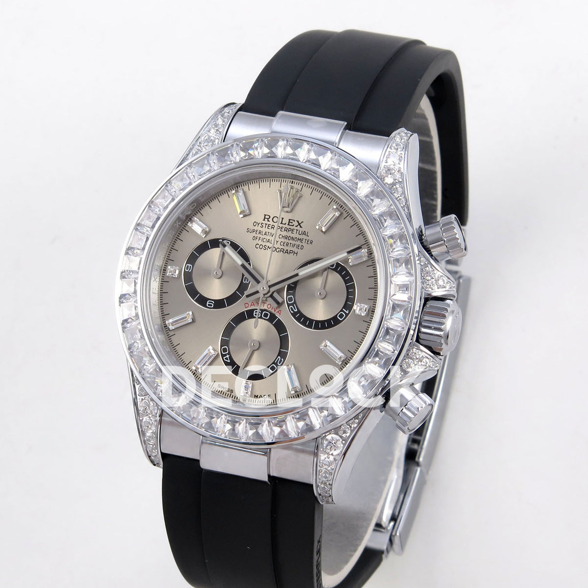 Rolex Daytona 126539TBR QF replica - angled front view of silver-finish case, stone-set lugs and black rubber strap