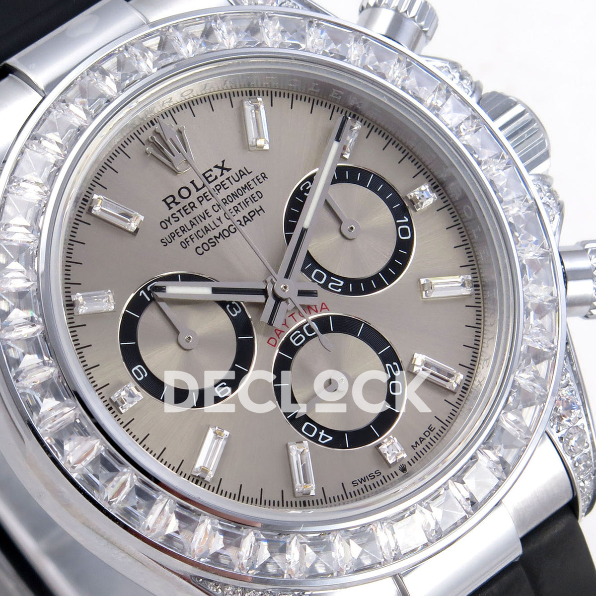 Rolex Daytona 126539TBR QF replica - angled gray dial and clear baguette hour markers