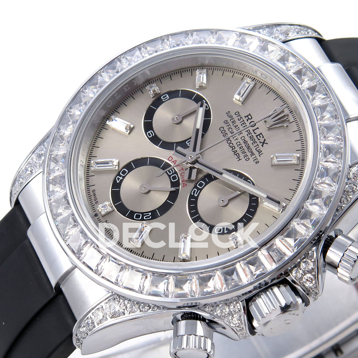 Rolex Daytona 126539TBR QF replica - opposite gray dial close-up with baguette bezel and stone-set lugs