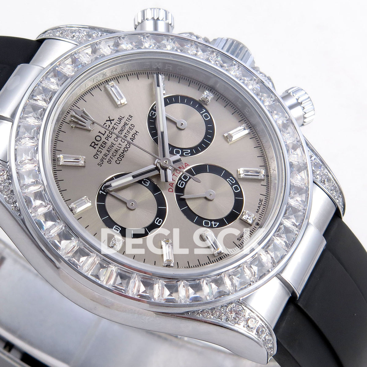 Rolex Daytona 126539TBR QF replica - gray chronograph dial, black counter rings and clear stone markers