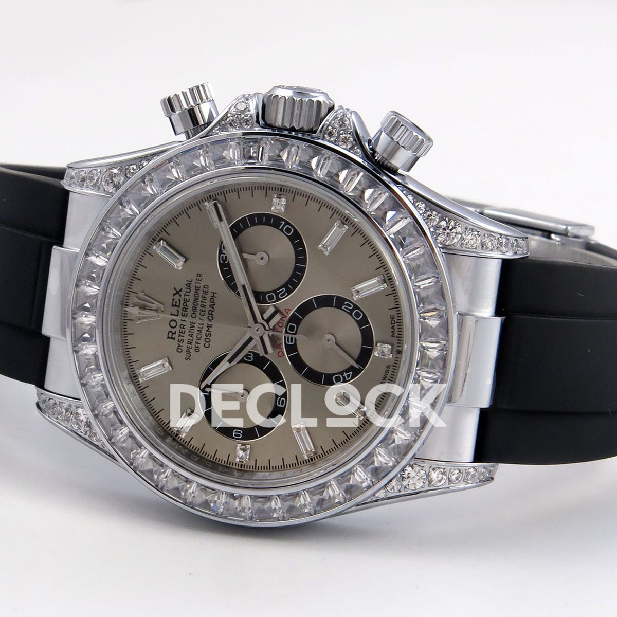 Rolex Daytona 126539TBR QF replica - opposite horizontal view of original grey dial and steel case, black counter tracks, baguette bezel and black Oysterflex strap