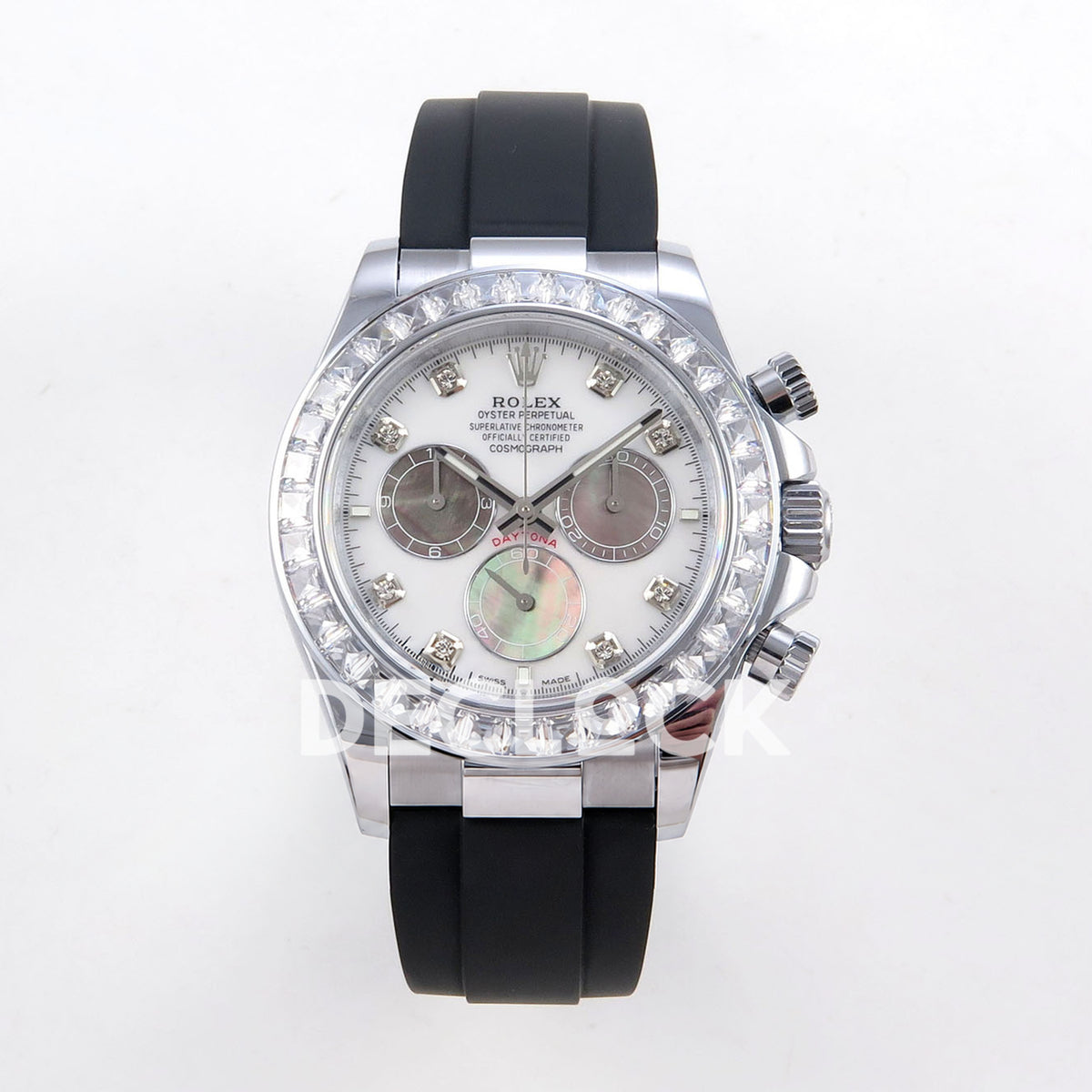 Rolex Daytona 126539TBR QF replica - front view of white mother-of-pearl dial, clear baguette bezel and black Oysterflex strap