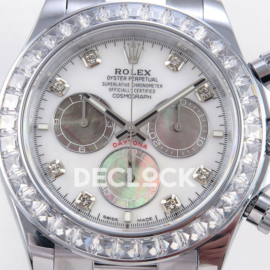 Rolex Daytona 126539TBR QF replica - white mother-of-pearl dial with iridescent counters and round stone hour markers