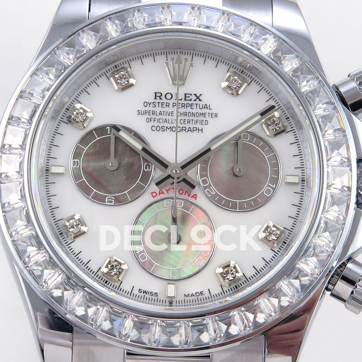 Rolex Daytona 126539TBR QF replica - white mother-of-pearl dial with iridescent counters and round stone hour markers
