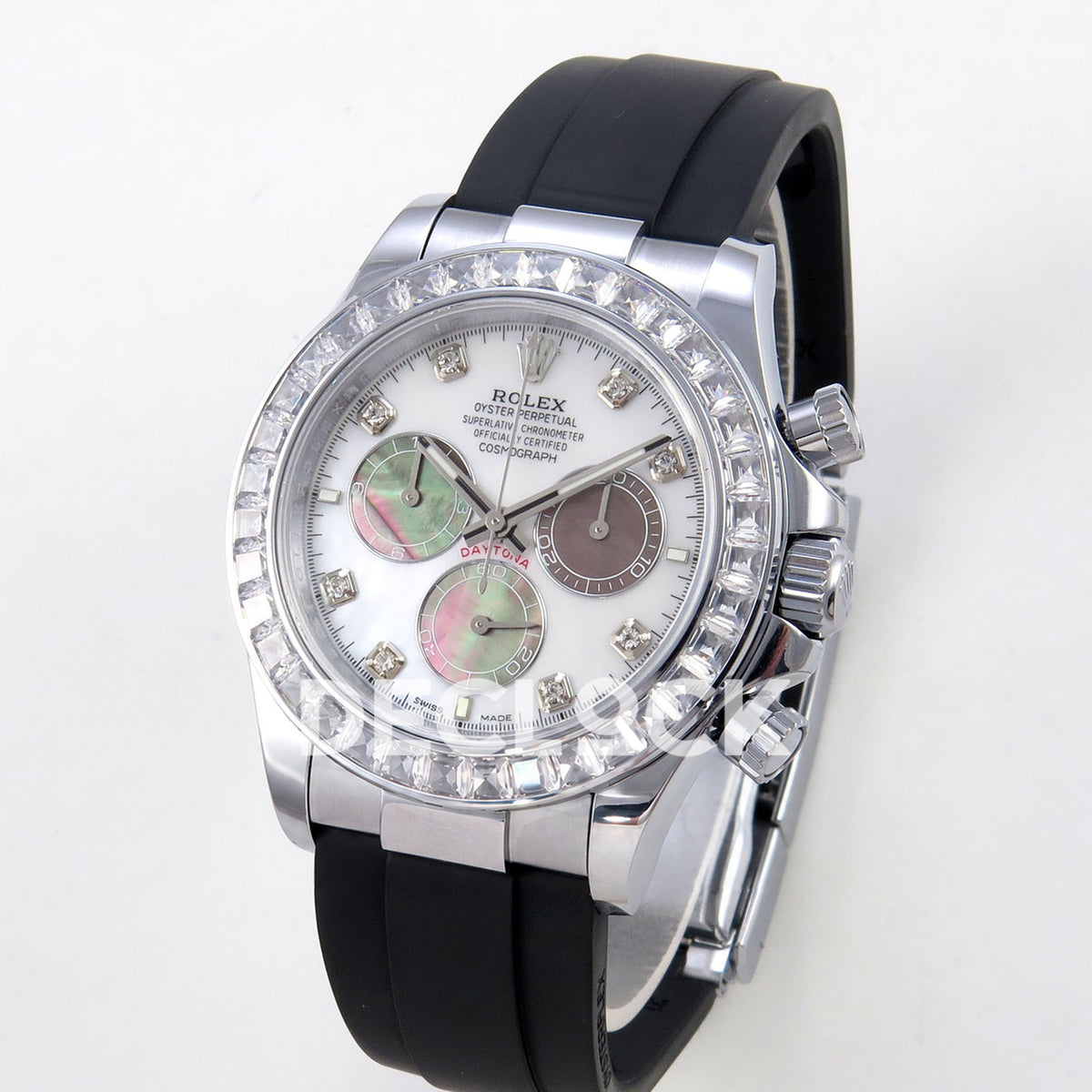 Rolex Daytona 126539TBR QF replica - angled front view of smooth silver-finish case and black rubber strap