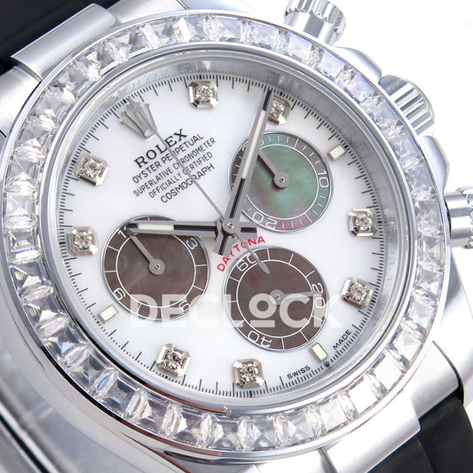 Rolex Daytona 126539TBR QF replica - angled white mother-of-pearl dial and round stone hour markers