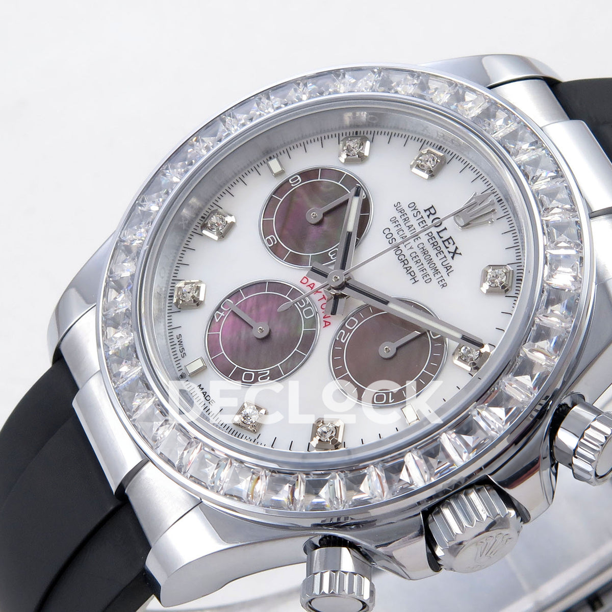 Rolex Daytona 126539TBR QF replica - opposite mother-of-pearl dial close-up with clear baguette bezel