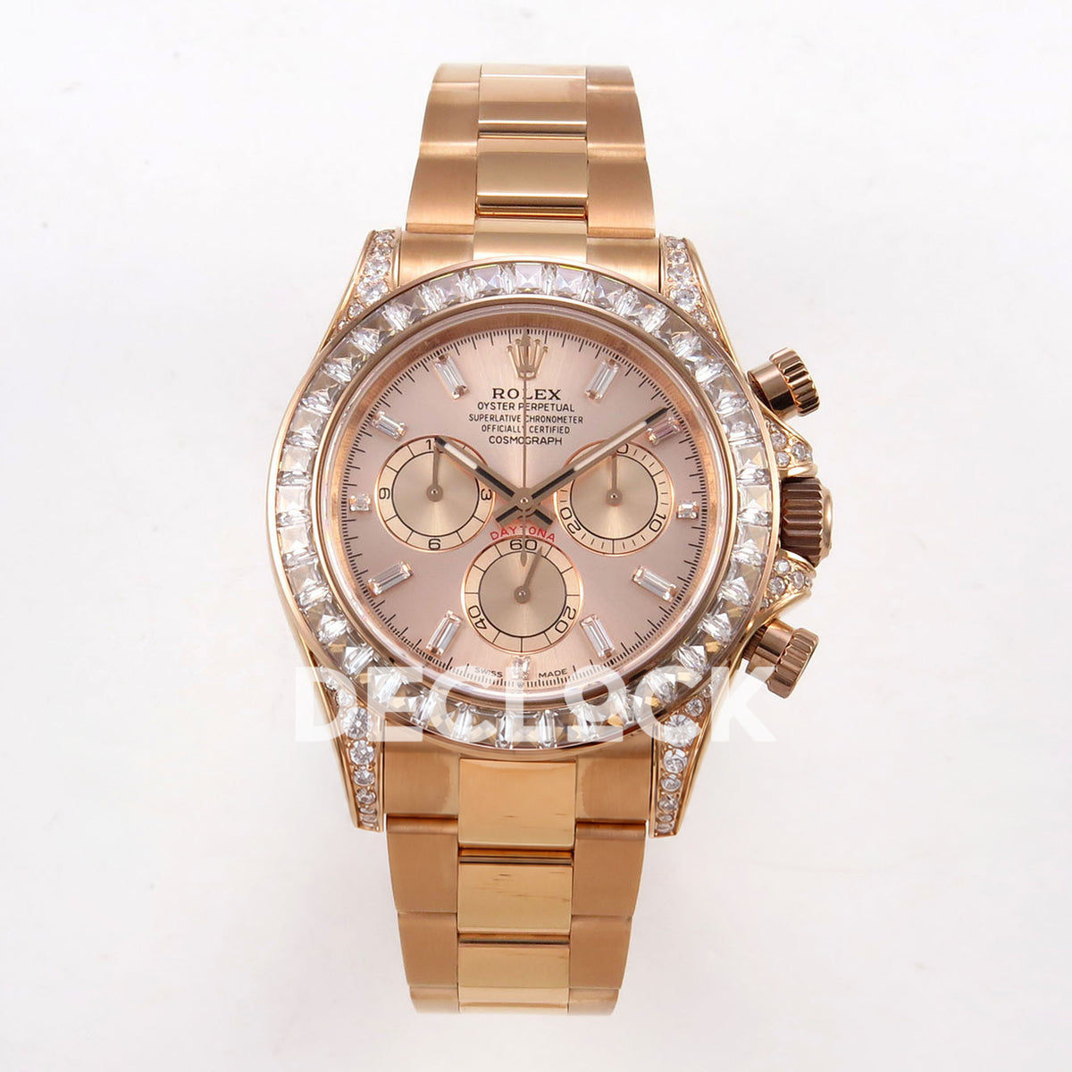 Rolex Daytona 126595TBR QF replica - front view of rose-gold dial, clear baguette stone bezel and rose-gold-finish bracelet