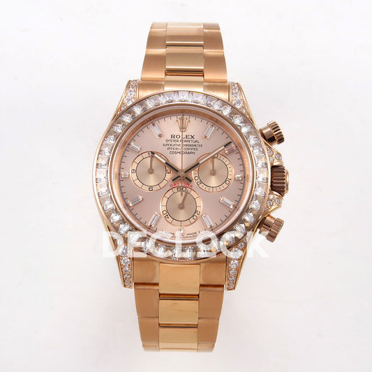 Rolex Daytona 126595TBR QF replica - front view of rose-gold dial, clear baguette stone bezel and rose-gold-finish bracelet
