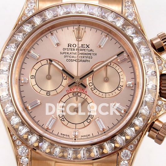 Rolex Daytona 126595TBR QF replica - rose-gold dial with clear baguette stone hour markers close-up