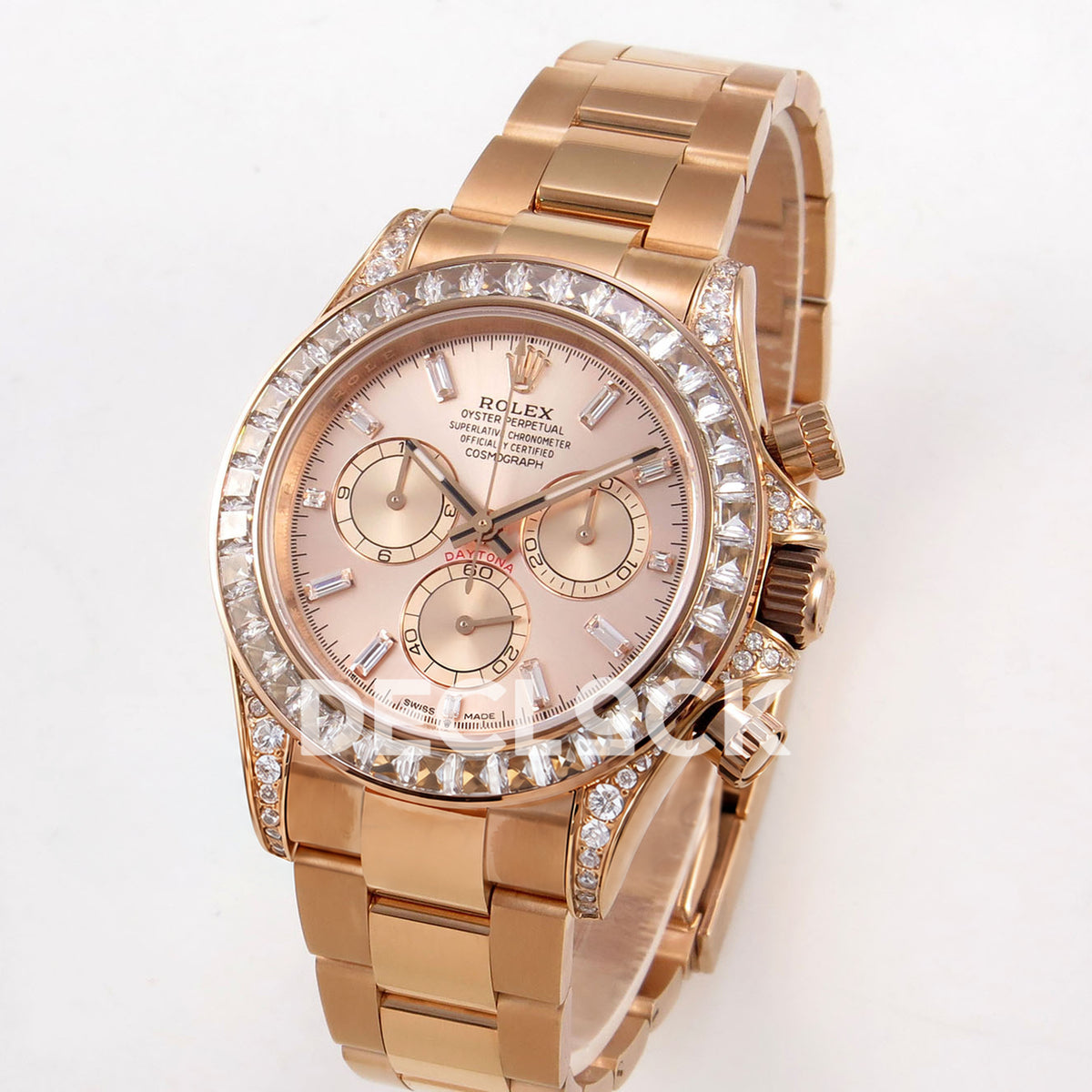 Rolex Daytona 126595TBR QF replica - angled front view of rose-gold-finish case, stone-set bezel and bracelet