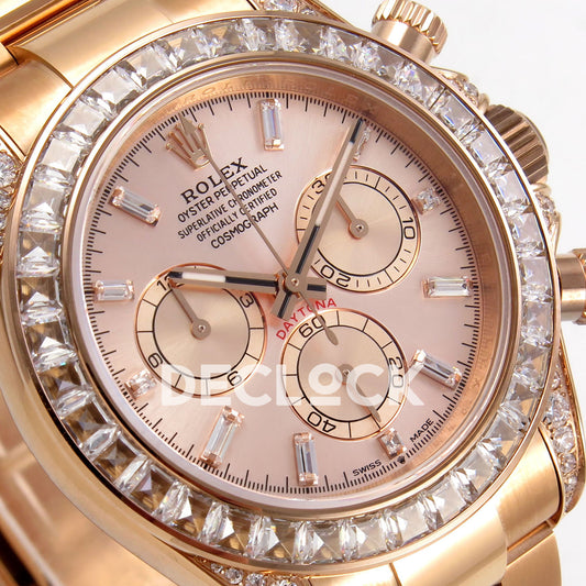 Rolex Daytona 126595TBR QF replica - angled rose-gold dial and clear baguette hour markers