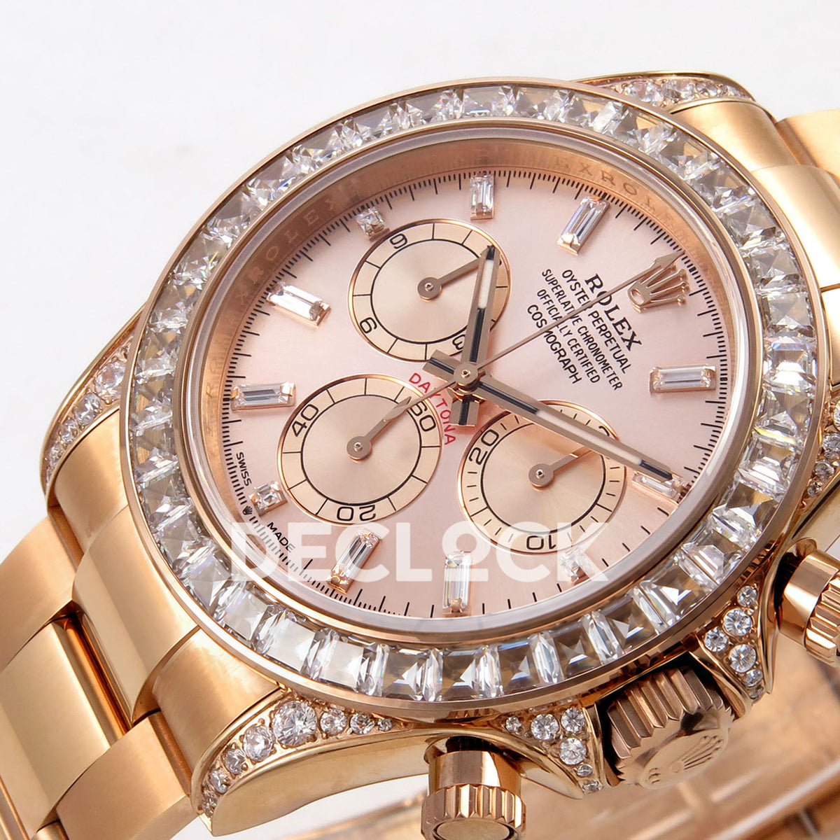 Rolex Daytona 126595TBR QF replica - opposite dial close-up with baguette bezel and pavé-set lugs