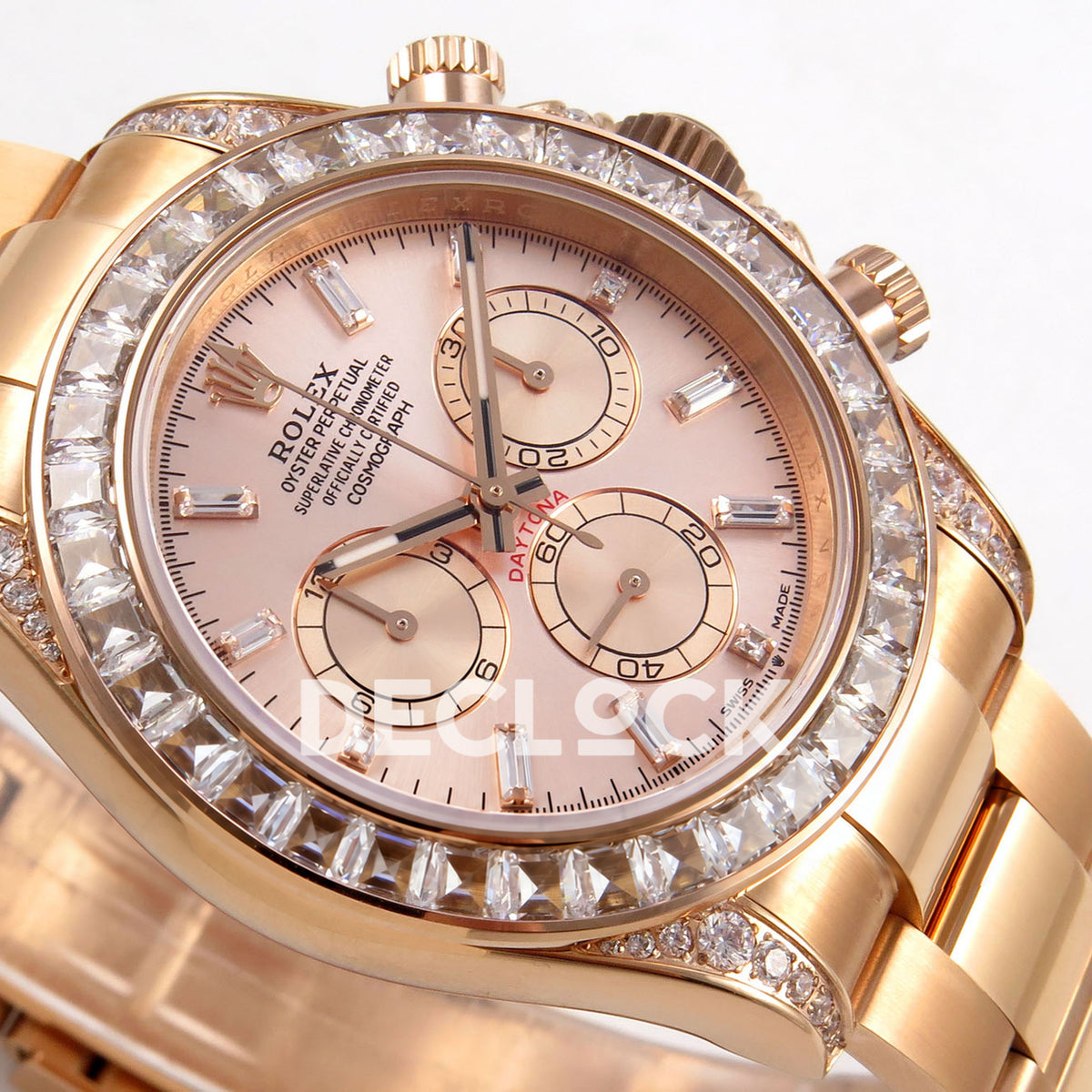 Rolex Daytona 126595TBR QF replica - rose-gold chronograph dial and clear baguette stone markers