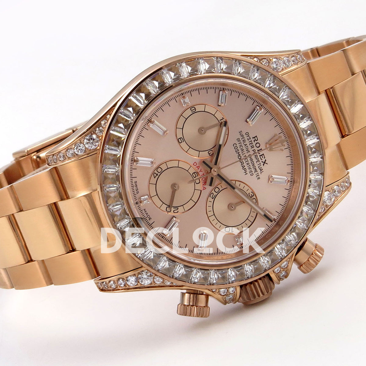 Rolex Daytona 126595TBR QF replica - horizontal front view with rose-gold-finish metal bracelet