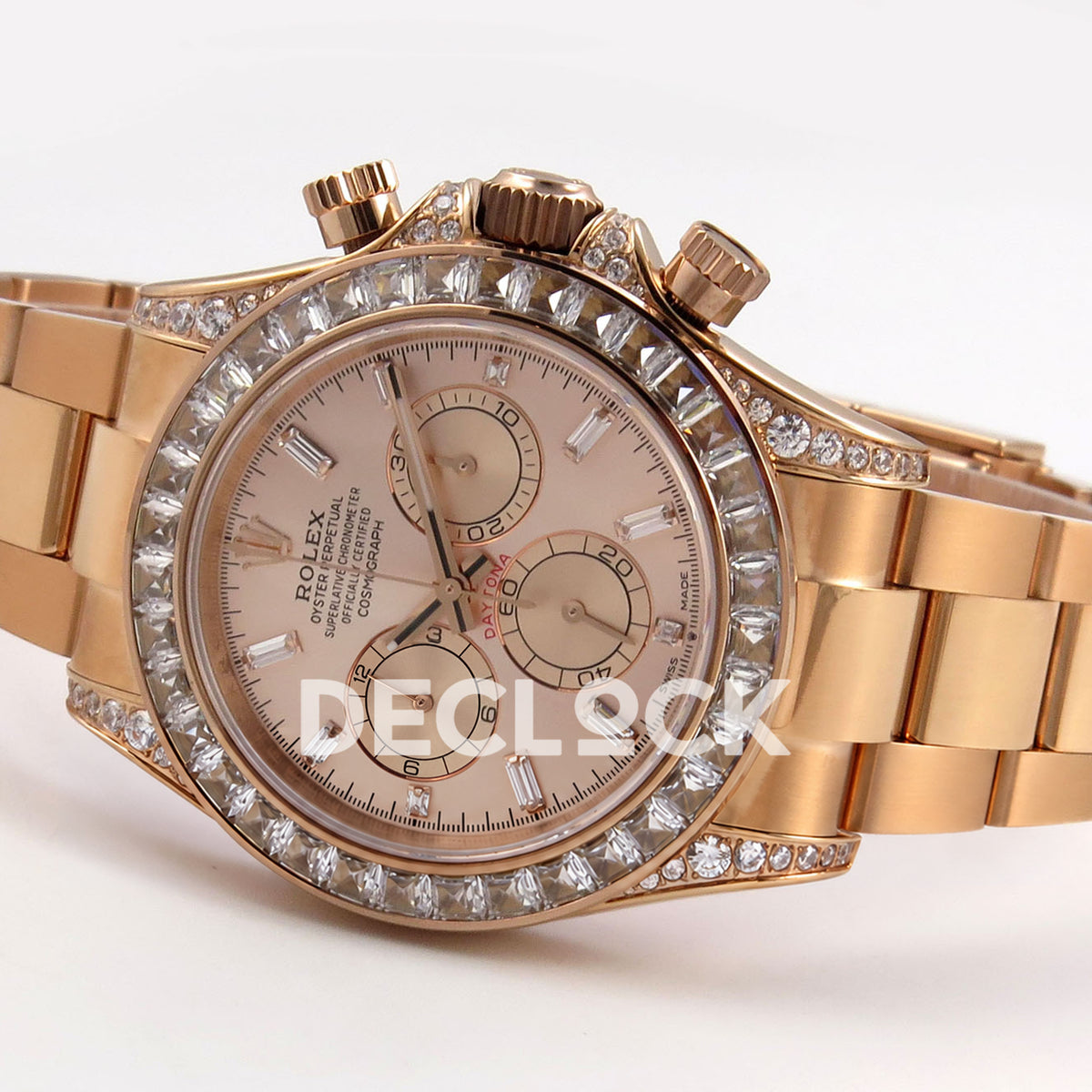 Rolex Daytona 126595TBR QF replica - original rose-gold dial, diamond hour markers, clear baguette gem bezel, rose-gold-tone case and bracelet, horizontal angled view