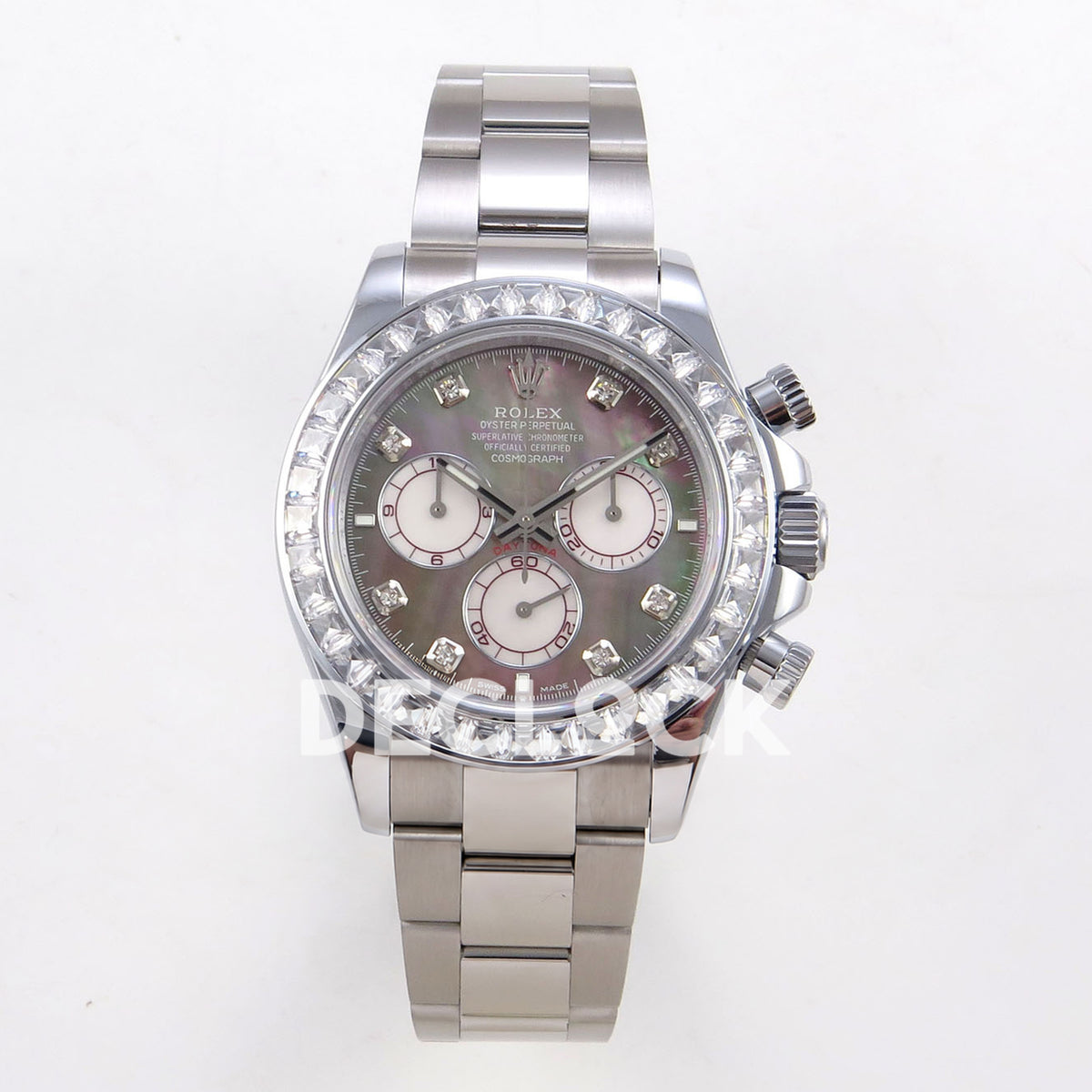 Rolex Daytona 126599TBR QF replica - front view of iridescent mother-of-pearl dial, baguette-set bezel and steel bracelet