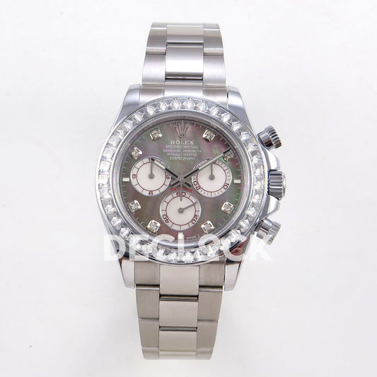 Rolex Daytona 126599TBR QF replica - front view of iridescent mother-of-pearl dial, baguette-set bezel and steel bracelet
