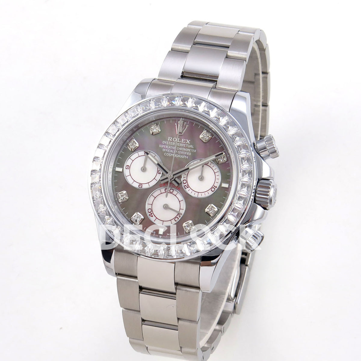 Rolex Daytona 126599TBR QF replica - angled front view of steel case and mother-of-pearl dial