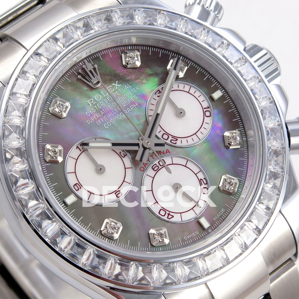 Rolex Daytona 126599TBR QF replica - angled dial and clear stone markers close-up